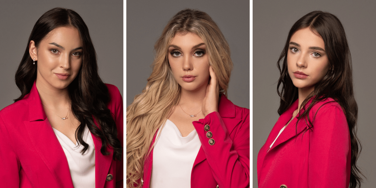 Finalistki Polska Miss z Dolnego Śląska. Od lewej Aleksandra Wachobow, Oliwia Ślósarz i Pola Miara w czerwonych marynarkach i białych bluzkach