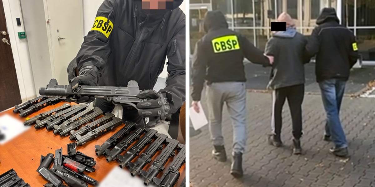 Z lewej zarekwirowana przez policję broń, z prawej zatrzymany mężczyzna oraz dwóch prowadzących go policjantów