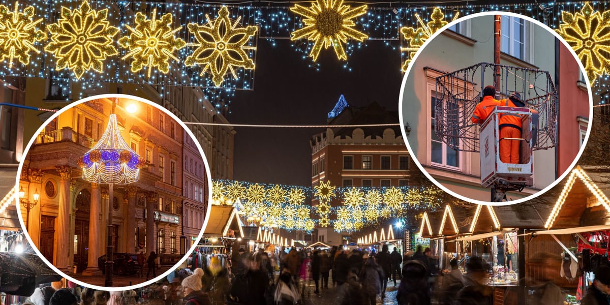 Iluminacje świąteczne na ulicach Wrocławia (na zdjęciu w prawym kółeczku montaż iluminacji na pl. Solnym). Na zdjęciu głównym widać świecące ozdoby nad domkami na Jarmarku Bożonarodzeniowym