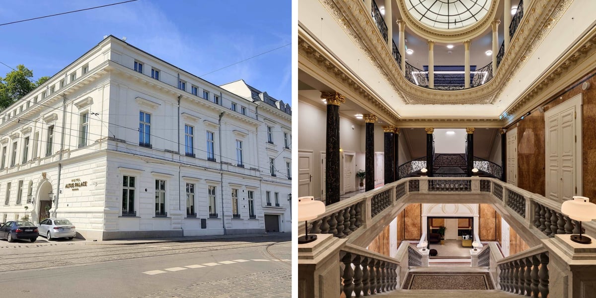 Dawny pałac Leipzigera, dziś Hotel Altus. Z lewej widziany z zewnątrz, z prawej wnętrze budynku