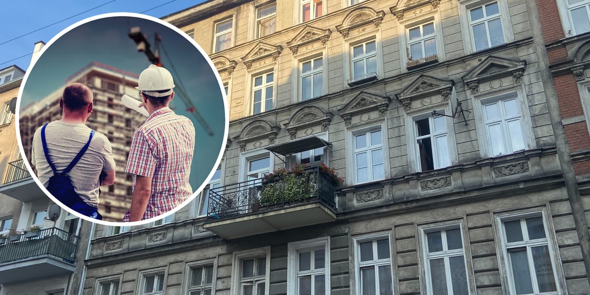 Jedna z kamienic do remontu we Wrocławiu. Na zdjęciu w kółeczku - robotnicy