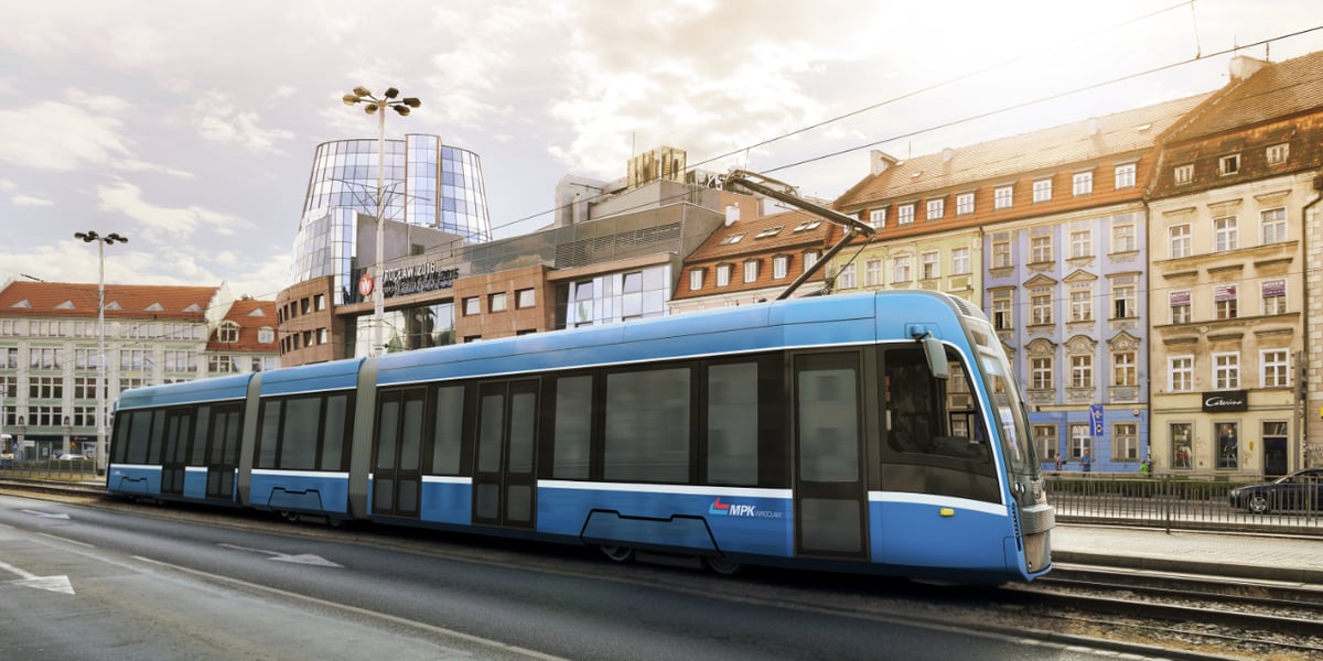 To grafika przedstawiająca nowy tramwaj Pesa we wrocławskich barwach na ul. Kazimierza Wielkiego. Jednak już niedługo, taki widok stanie się codziennością.