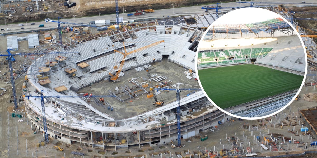 Budowa Tarczyński Areny we Wrocławiu w latach 2009-2011 - widok z lotu ptaka na bryłę stadionu, w kółeczku wnętrze stadionu z budowaną trybuną