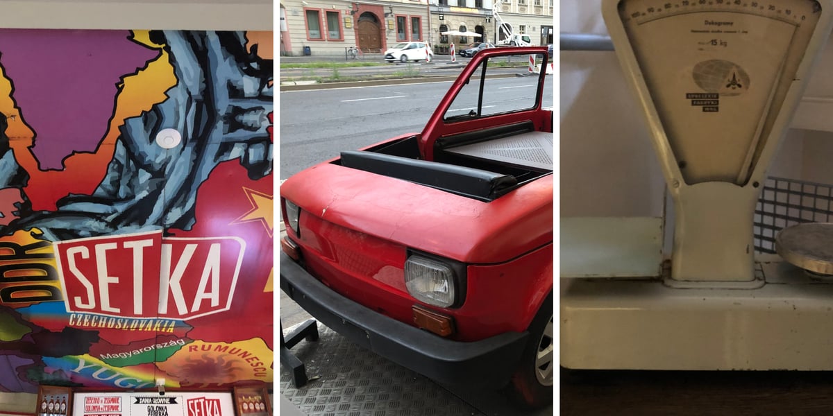 Ilustracje restauracji i barów rodem z PRL (Setka, na środku - maluch- stolik w Setce)