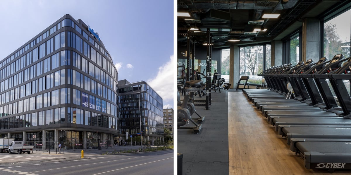 Z lewej biurowiec Infinity, obok wnętrze Klubu Fitness Up z maszynami do ćwiczeń