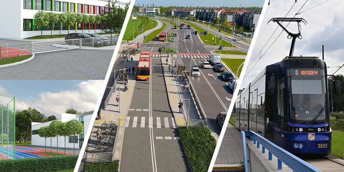 Kolaż zdjęć przedstawiających inwestycje we Wrocławiu