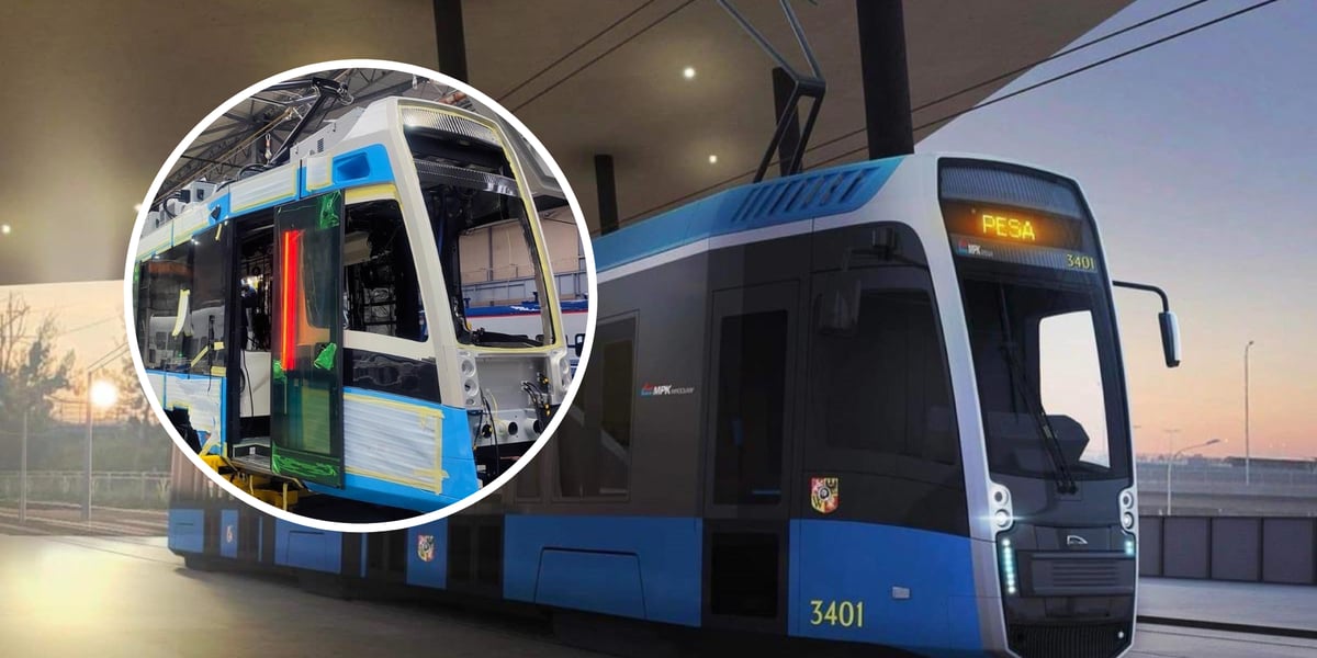 Z lewej w kółku tramwaj Pesa w fabryce, obok wizualizacja Pesy 