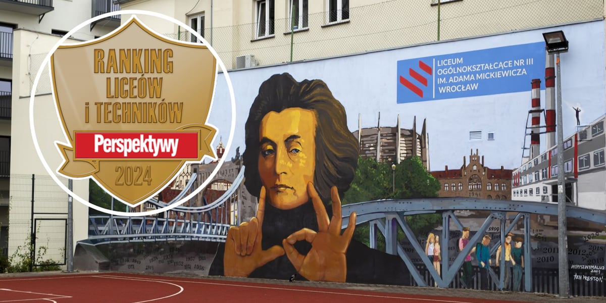 Z lewej w kółku logotyp rankingu Perspektyw - najlepszych liceów i techników w Polsce, obok  LO III we Wrocławiu 