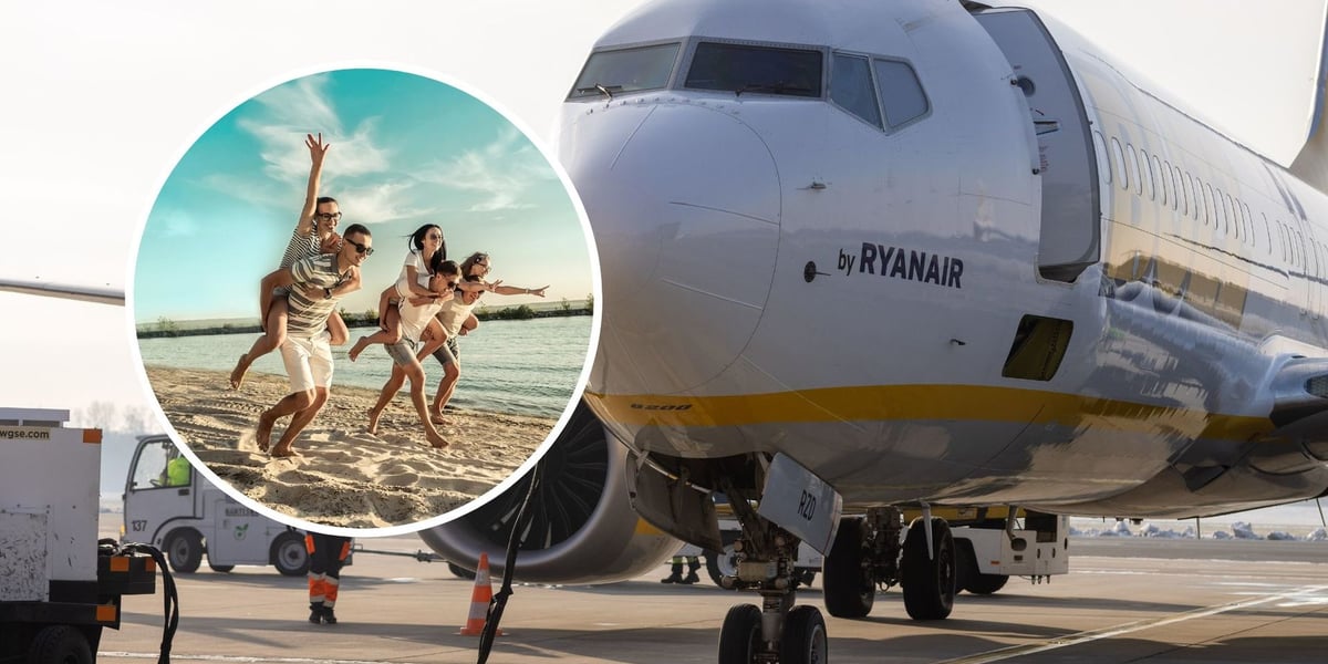 Samolot na lotnisku we Wrocławiu, w kółku ludzie biegną po plaży, zdjęcie ilustracyjune