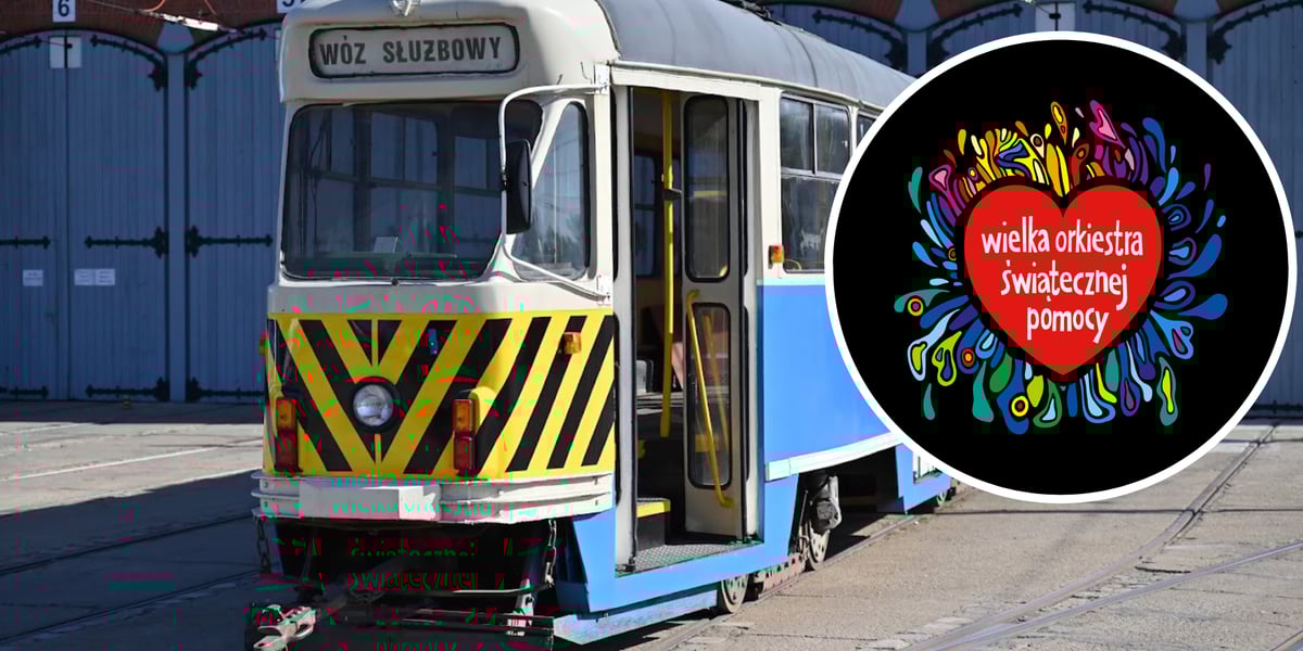 Z lewej niebieski tramwaj w zajezdni Borek z napisem "Wóz służbowy", z prawej w kółku serduszko z napisem "Wielka Orkiestra Świątecznej Pomocy"