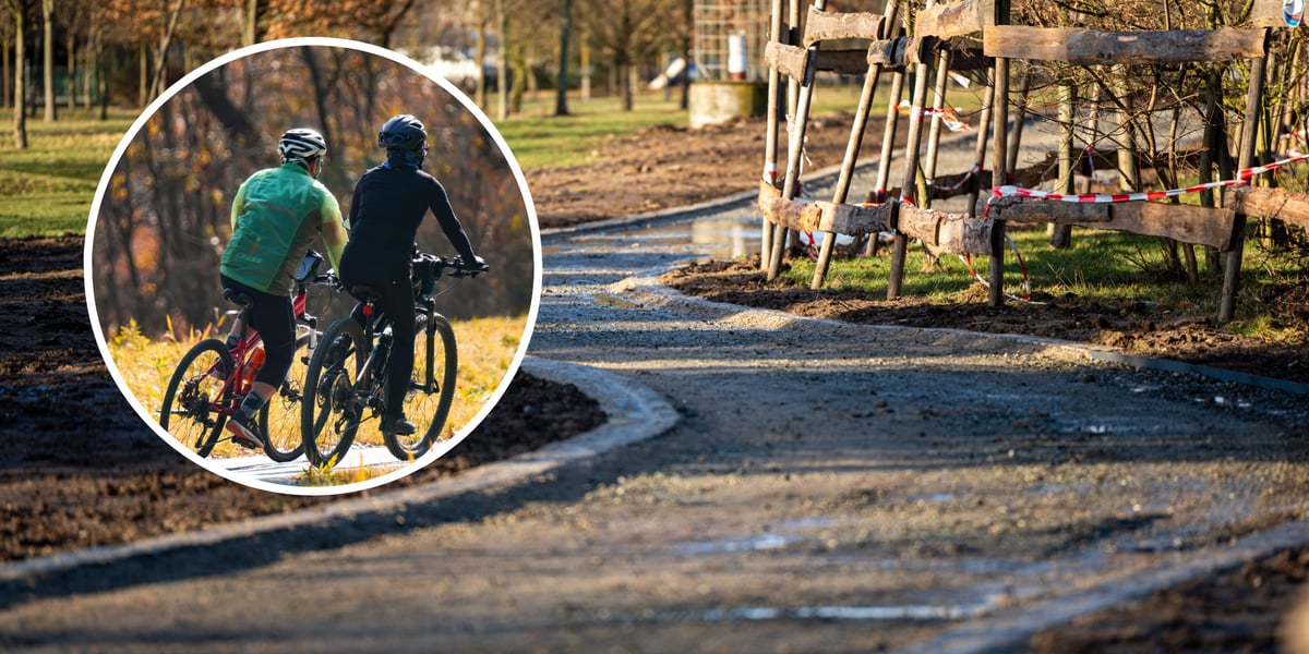 Droga rowerowa przy ul. Koziej. Na zdjęciu w kółeczku - rowerzyści (zdjęcie ilustracyjne)