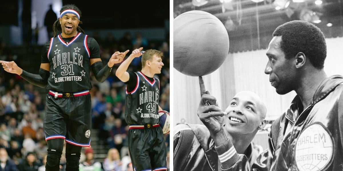 Harlem Globetrotters. Z lewej współcześni zawodnicy, w tym Paweł Kidoń, obok na czarno-białym zdjęciu zawodnik sprzed lat z młodym fanem koszykówki
