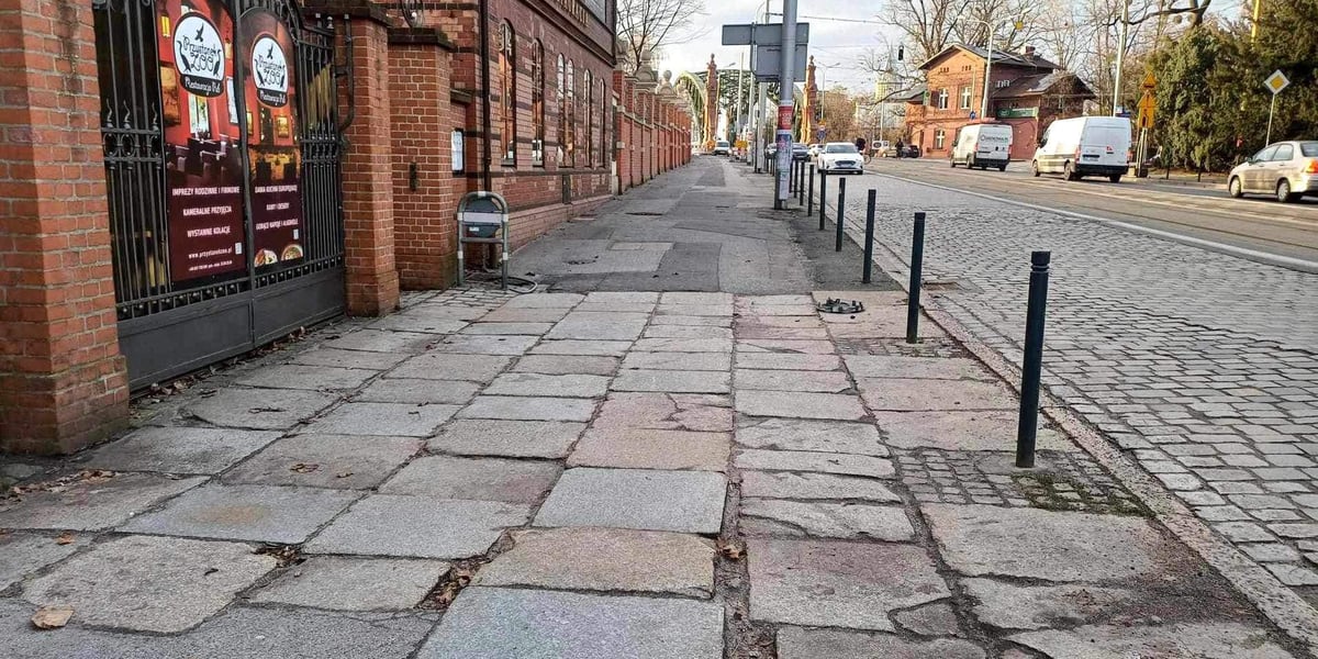 Chodnik przy ulicy Wajdy, biegnący wzdłuż ogrodzenia zoo
