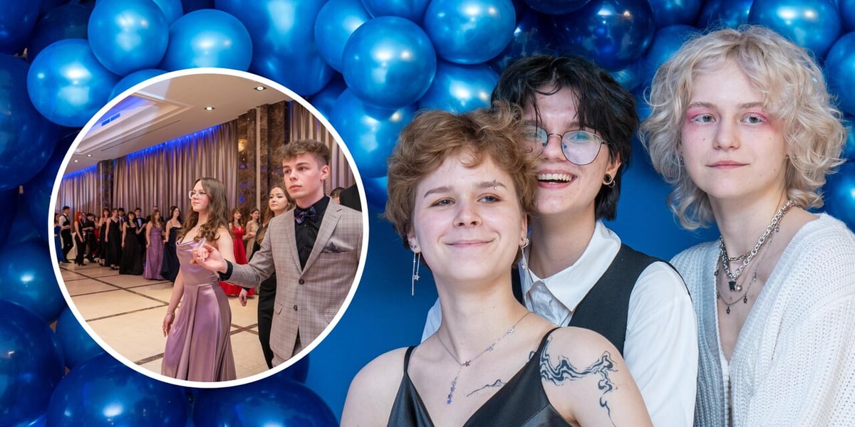 Trzy kobiety stoją blisko siebie na tle niebieskich balonów. Uśmiechają się (zdjęcie główne); korowód par dwójkami tańczy poloneza (zdjęcie w kółku). Studniówka uczniów Technikum nr XV im. Marii Skłodowskiej-Curie we Wrocławiu w Hotelu Haston (3 lutego 2024)