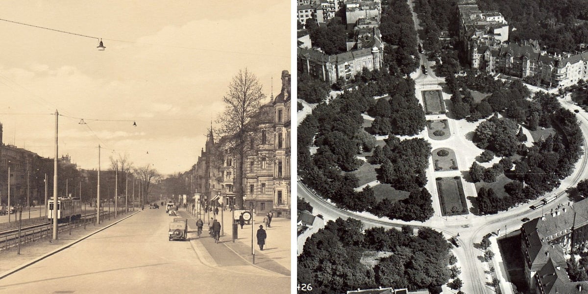 Ulica (z lewej) i plac (z prawej) Powstańców Śląskich na archiwalnych zdjęciach z zasobów fotopolska.eu