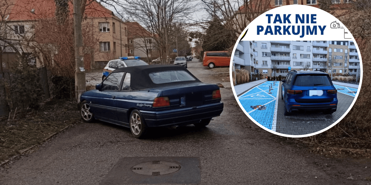 "Mistrzowie parkowania" z Wrocławia. Na zdjęciu w kółeczku źle zaparkowane auto i napis "tak nie parkujmy"