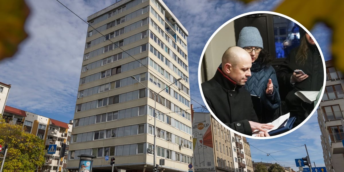 Trzonolinowiec, spotkanie przedstawicieli magistratu z mieszkańcami wieżowca (w owalu)