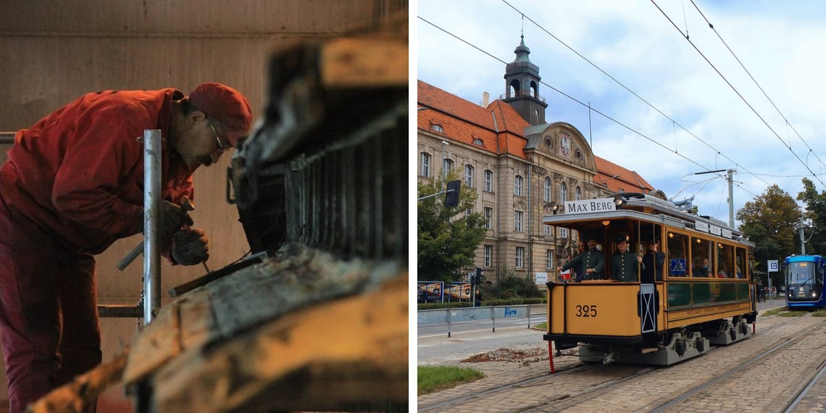 Kolaż dwóch zdjęć. Z lewej mężczyzna w roboczym kombinezonie pochylony nad elementami zabytkowego tramwaju. Z prawej wyremontowany tramwaj typu Maximum z 1901 roku na ulicy Powstańców Śląskich we Wrocławiu.