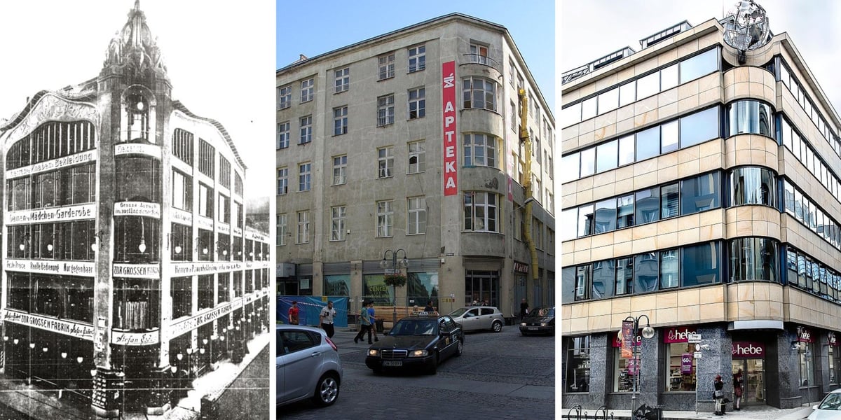 Kolaż trzech zdjęć – z lewej Dom Handlowy Stefan Esders w 1906 roku, w środku – dom handlowy przed remontem w 2012 roku, po prawej – budynek po generalnym remoncie i przebudowie, stan obecny