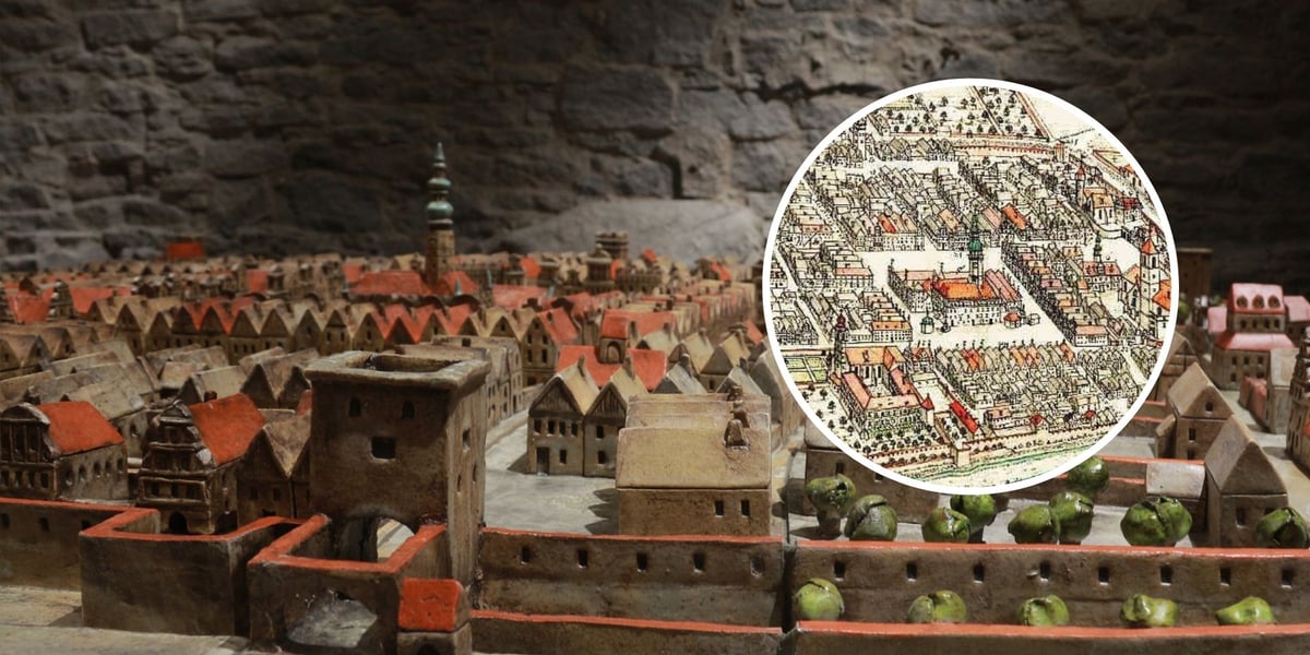 Ceramiczna makieta Strzelina, w owalu rysunek F. Werhnera z XVIII wieku