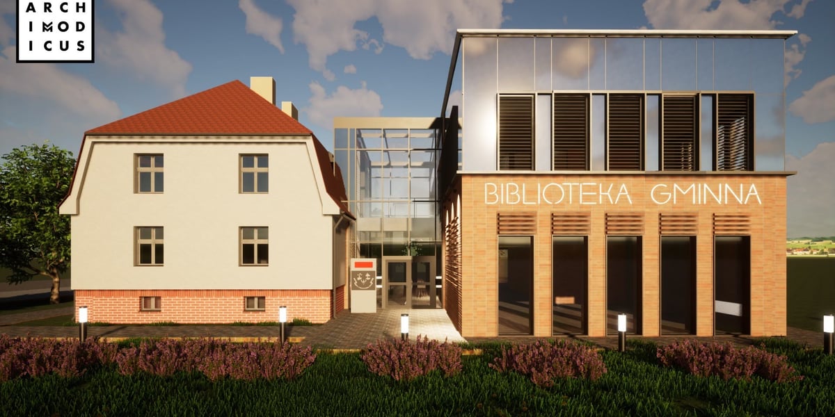 Wizualizacje biblioteki w Długołęce po rozbudowie