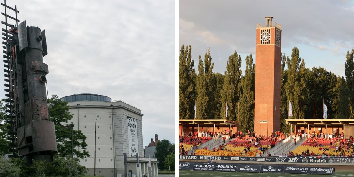 Schron przy pl. Strzegomskim, wieża zegarowa na Stadionie Olimpijskim - dzieła Richarda Konwiarza