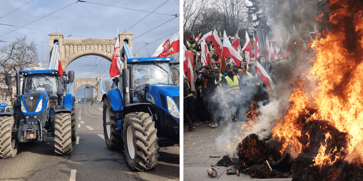 Strajk rolników w centrum Wrocławia 15 lutego. Z lewej ciągniki koło mostu Grunwaldzkiego, z prawej płonące opony i protestujący z flagami Polski