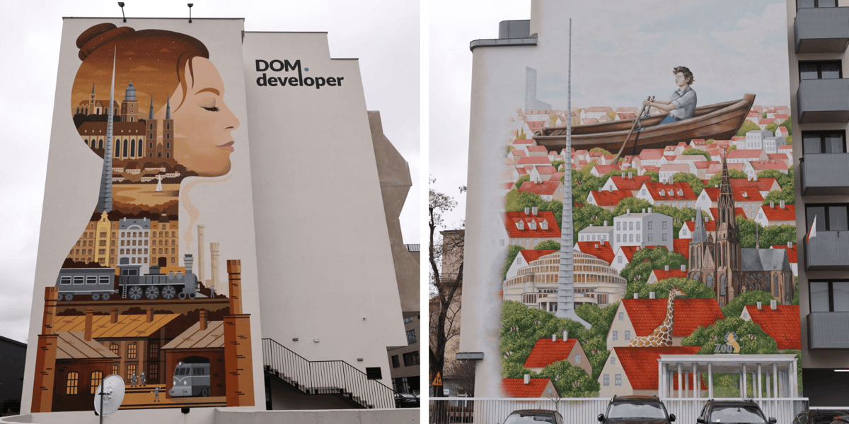 Z lewej mural "Wrocławianka" na bloku z twarzą kobiety, z prawej część muralu "Płynąc przez miasto" z mężczyzną płynącym łódką wśród budynków