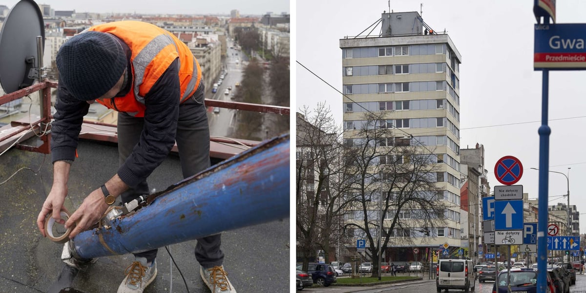 Po lewej: mężczyzna pracujący przy linie na dachu Trzonolinowca, po prawej: Trzonolinowiec sfotografowany z oddali