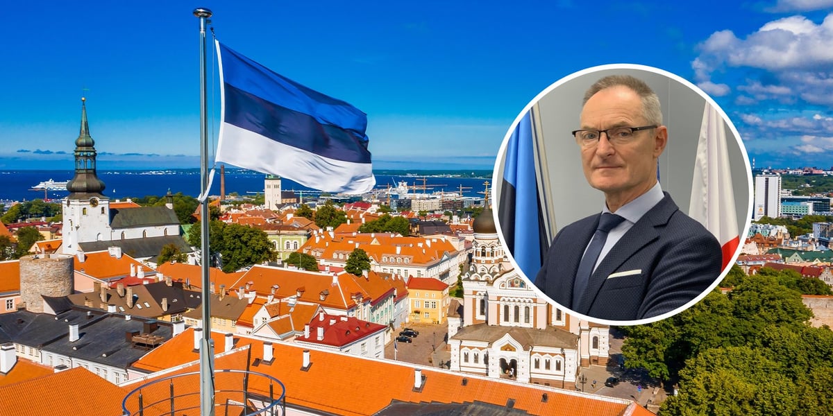 Panorama Tallina, stolicy Estonii , w owalu Waldemar Siemiński, konsul honorowy Estonii we Wrocławiu