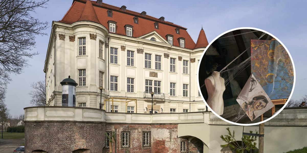 W tle: zamek w Leśnicy, w kółku: rzeźba i obrazy otulone pajęczą siecią