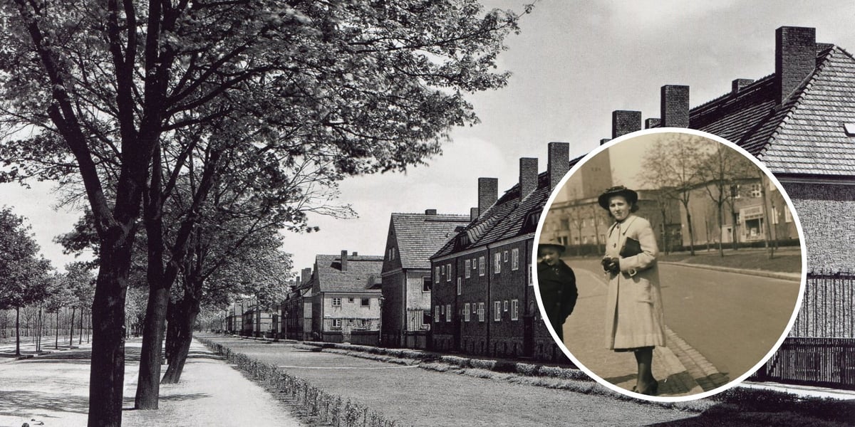 Kolaż dwóch zdjęć. Osiedle Sępolno przed wojną. W tle obecna ulica Mickiewicza na Sępolnie w 1925 roku. W kółku kobieta z dzieckiem na obecnej ulicy Partyzantów w roku 1938. 