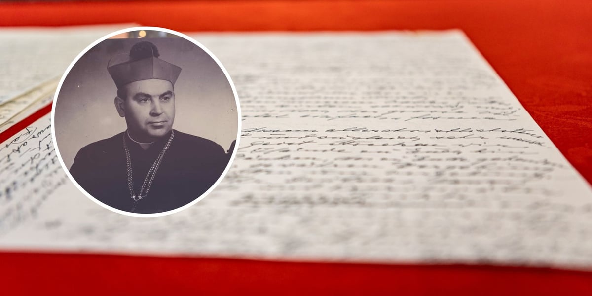 Kolaż dwóch zdjęć. W tle rękopis listu biskupów polskich do biskupów niemieckich. W kółku -  kardynał Bolesław Kominek.