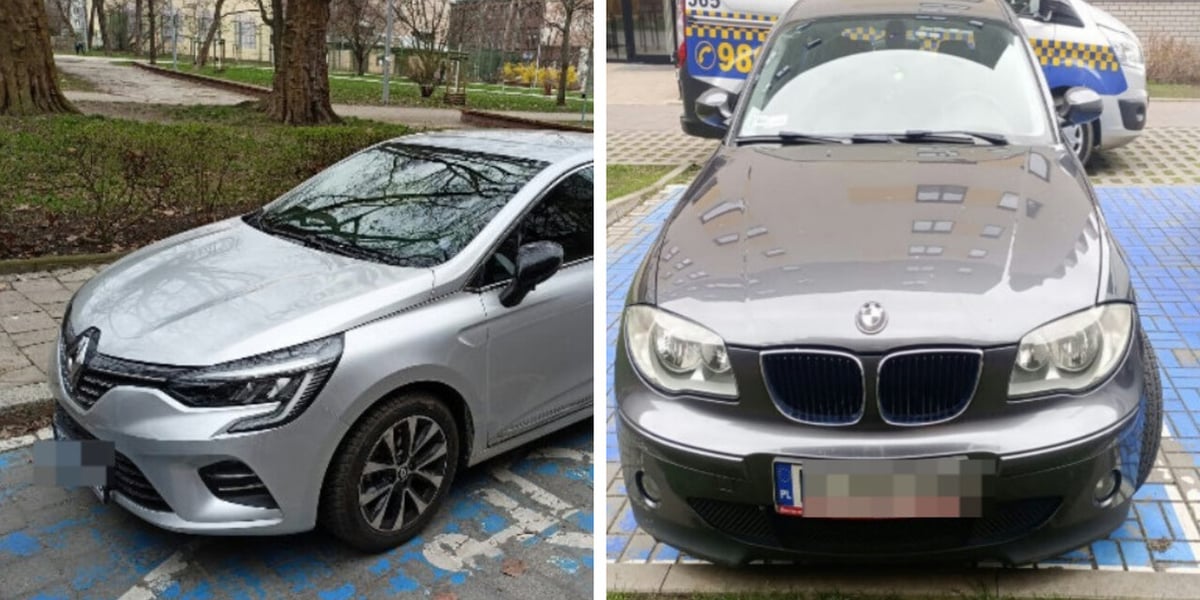 Dwa przykłady samochodów zaparkowanych bez uprawnień na niebieskiej kopercie  