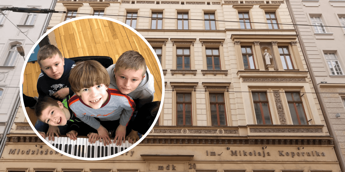Kolaż dwóch zdjęć. Jedno przedstawia zajęcia w wyremontowanej siedzibie MDK im. Mikołaja Kopernika przy ul. Kołłątaja we Wrocławiu, drugie  budynek po remoncie