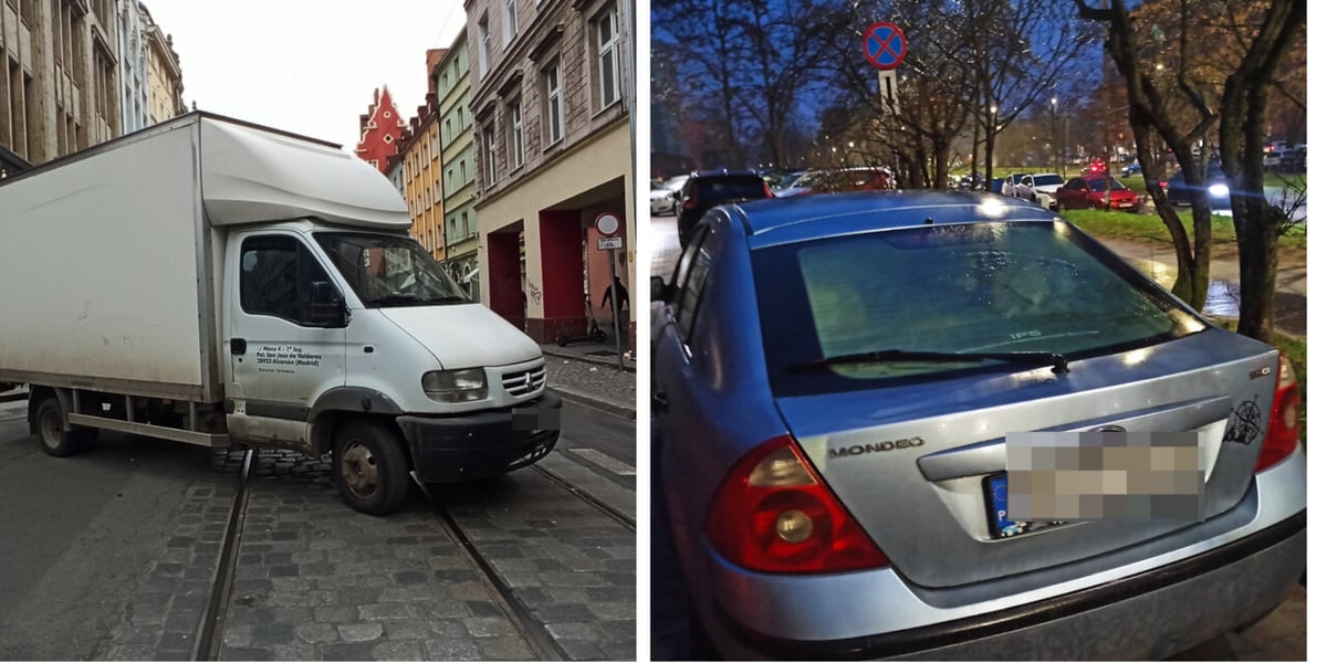 Nieprawidłowo zaparkowane samochody. Po lewej biały samochód stojący na szynach tramwajowych, po prawej srebrne auto zaparkowane mimo znaku zakazu zatrzymywania się