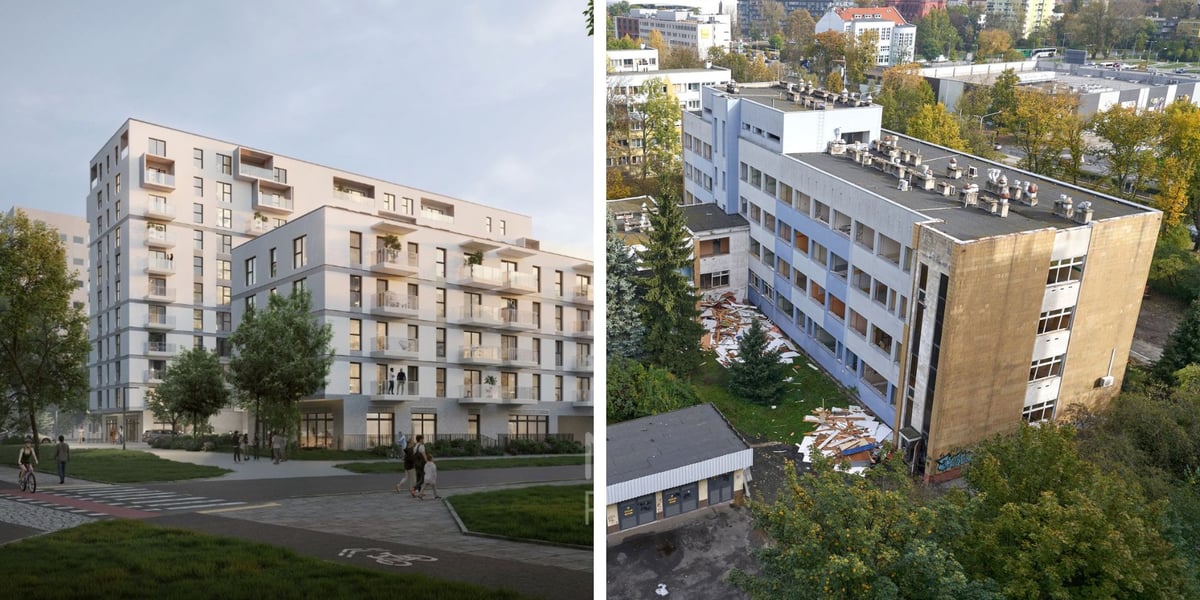 Po lewej: wizualizacja Nowej Pabianickiej, po prawej: budynek przychodni