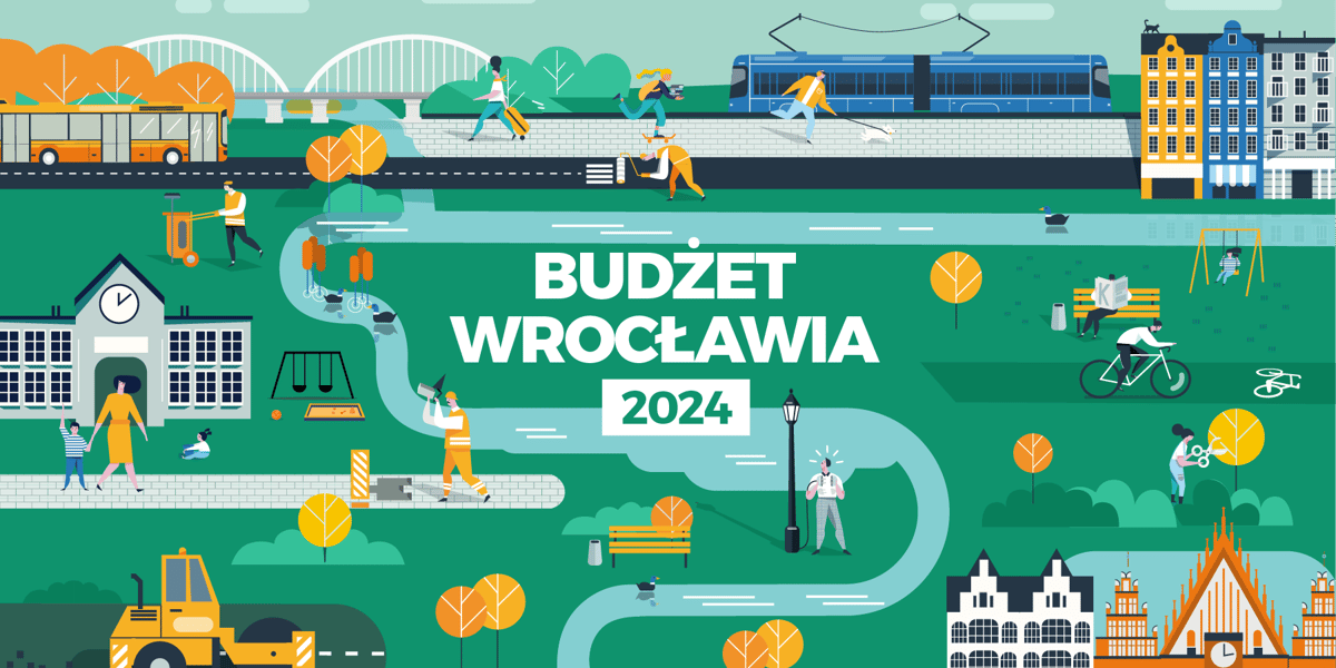 Grafika przedstawiająca w sposób symboliczny poszczególne kategorie wydatków pieniędzy z wrocławskiego budżetu
