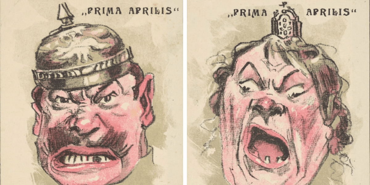 Primaaprilisowe, satyryczne pocztówki z lat 1913-1920 - karykatura polityczna