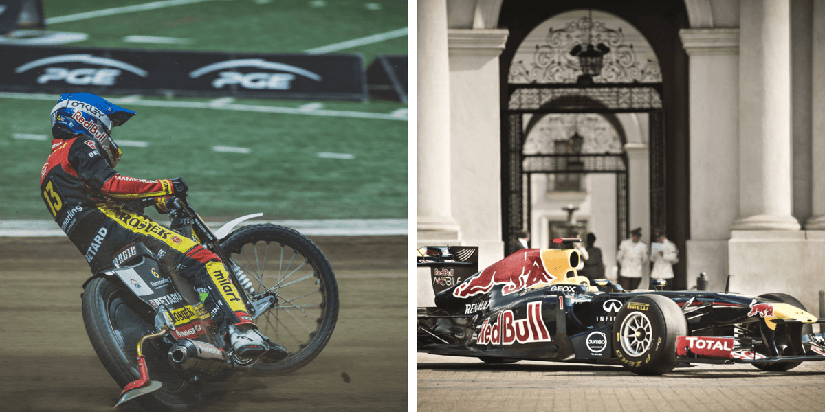 Z lewej Maciej Janowski na motocyklu, z prawej bolid Red Bull Racing