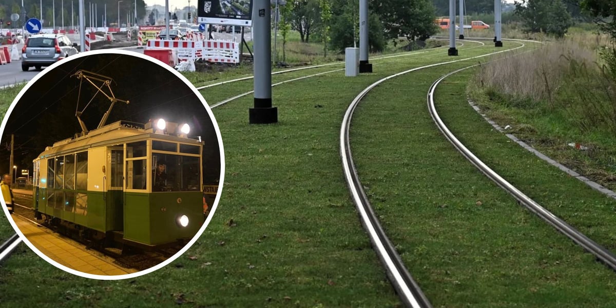 Kolaż dwóch zdjęć. W kółku: wagon-opryskiwacz podczas nocnych testów. W tle: zielone torowisko. 