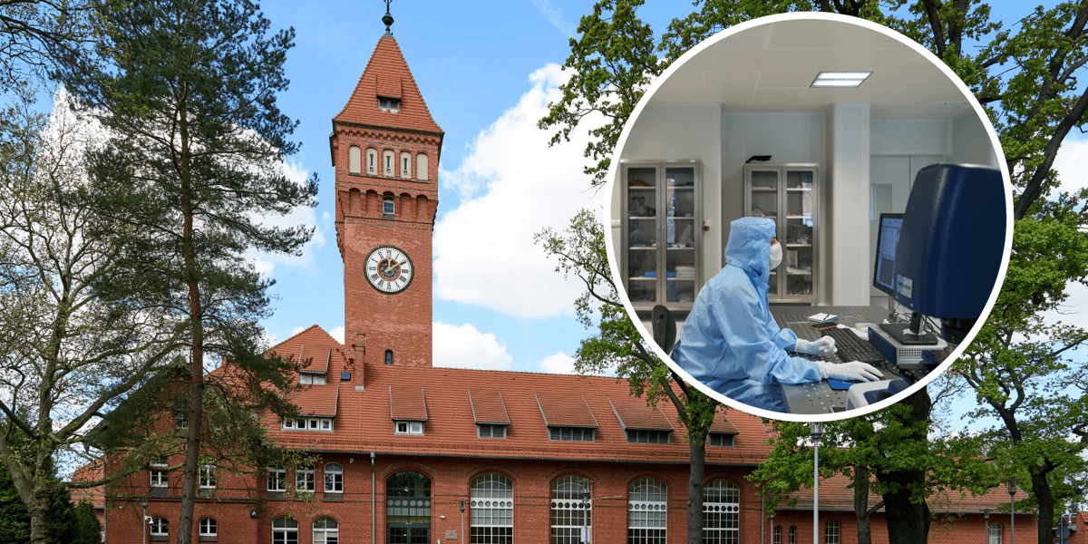 Widok na budynek z wieżą zegarową na Kampusie Pracze, w kółku - wnętrze laboratorium Łukasiewicz Port