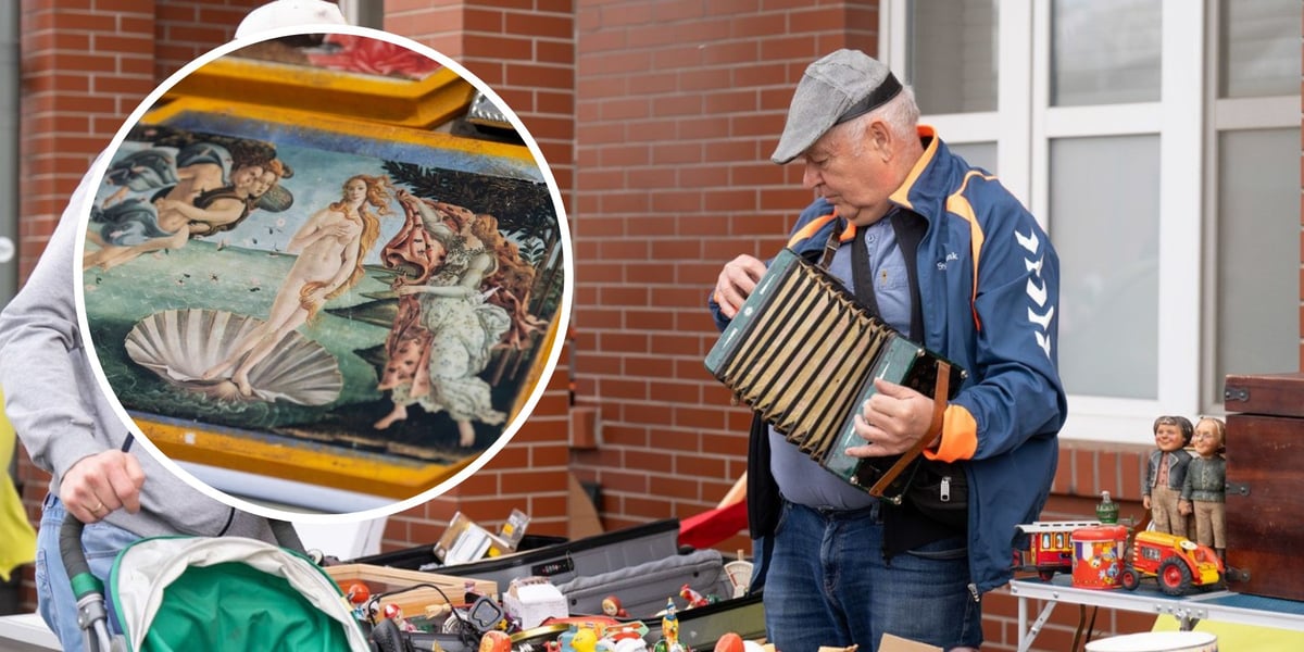 Pchli targ przy Centrum Historii Zajezdnia we Wrocławiu. Z lewej mężczyzna w kaszkiecie gra na akordeonie, z lewej w kółku reprodukcja obrazu "Narodziny Wenus"