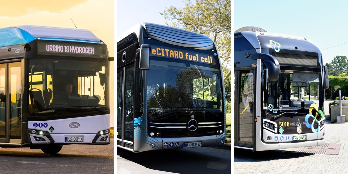 Na zdjęciu są autobusy wodorowe, które testowane będą we Wrocławiu: Solaris, Mercedes i Nesobus. 