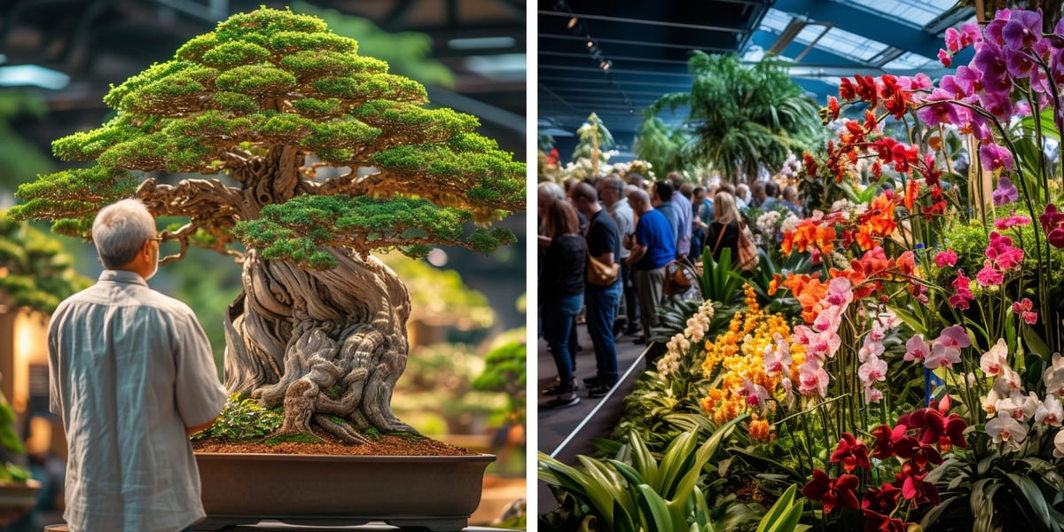 Drzewo bonsai, wystawa orchidei