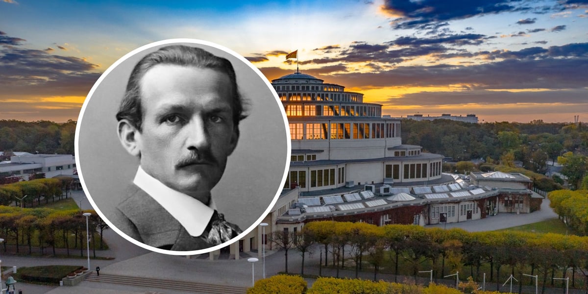 Kolaż dwóch zdjęć. W kółku: Max Berg. W tle: Hala Stulecia we Wrocławiu