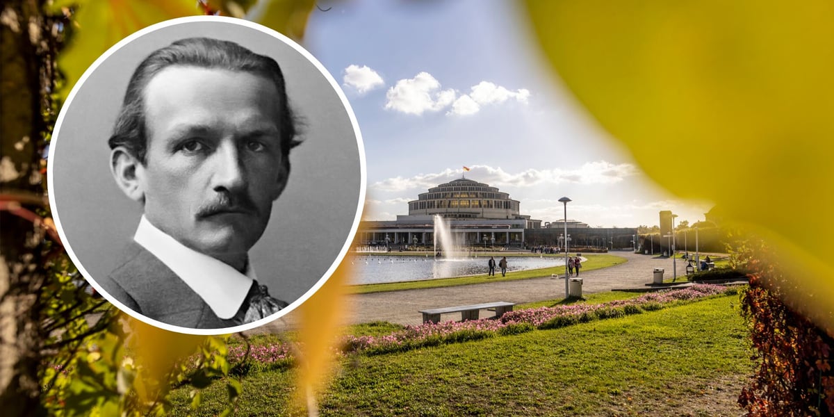 Kolaż dwóch zdjęć. W kółku: Max Berg. W tle: Hala Stulecia we Wrocławiu