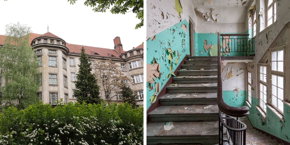 Po lewej: szpital z zewnątrz (17/04/2024); po prawej: klatka schodowa (2022)