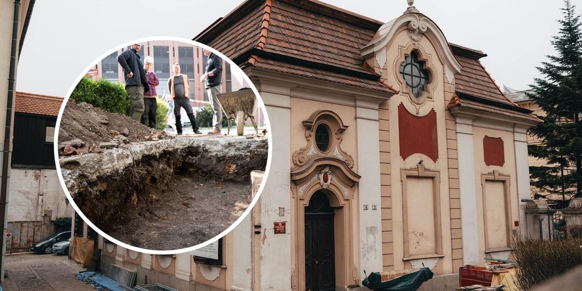 Kolaż dwóch zdjęć. W tle: budynek Starego Refektarza przy placu Dominikańskim. W kółku: archeolodzy nad wykopem