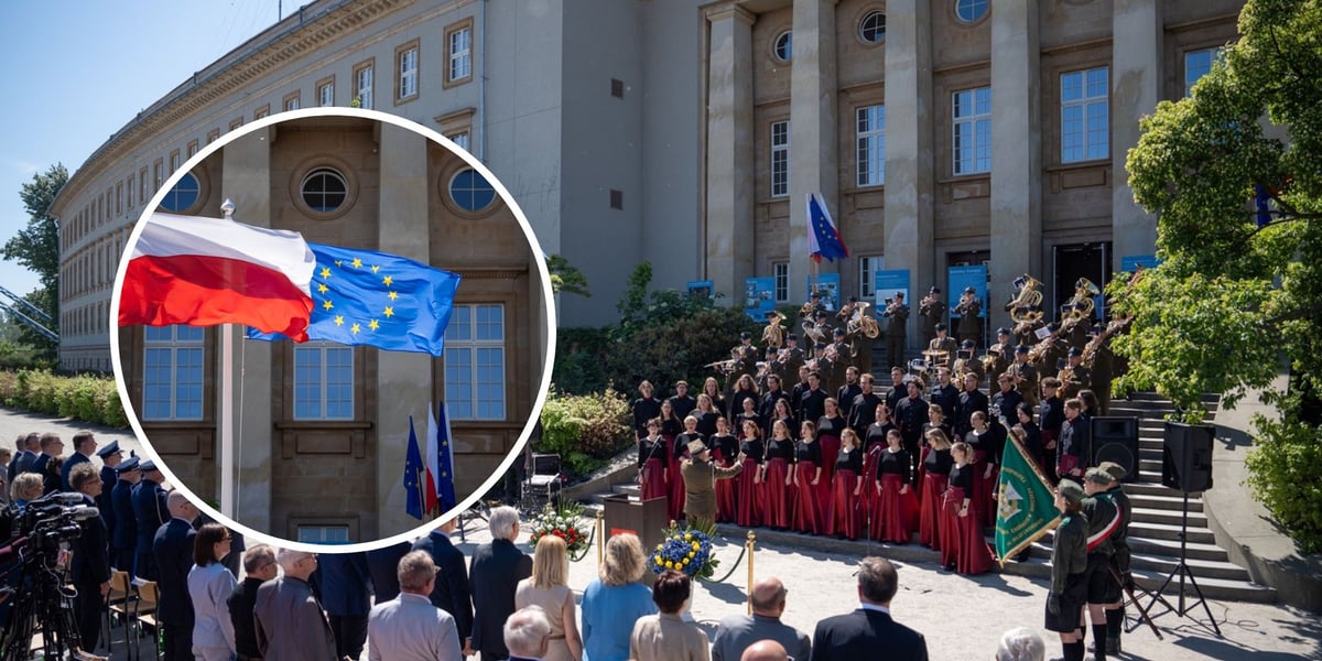 Kolaż dwóch zdjęć – na większym uroczystości 20-lecia członkostwa Polski w Unii Europejskiej, na mniejszym – dwie flagi – Polski i Unii Europejskiej 